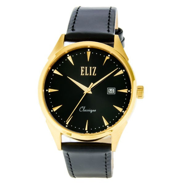 Eliz Men's Black Dial Black Genuine Leather strap Gold plated case Watch  ES8633G1GNN 1