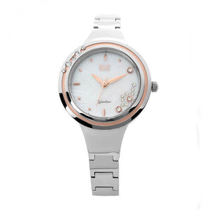 Eliz women's White Mother of pearl Dial Rose Gold plated Bezel stainless steel case and band analog watch ES8563L2UHS 1