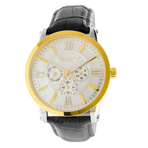 Blade men's White Dial PVD Gold Plated Bezel Stainless Steel Case Black Genuine Leather Strap Multi Function Rise Gold 1