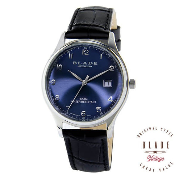 Blade men's Blue Dial Black Genuine Leather Strap Stainless Steel Case Quartz with Date Window  2010GSS-SBN 1
