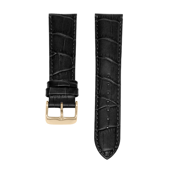 Semi Matte 24mm Croco Pattern Genuine Black Leather Strap, PVD Rose Gold Buckle