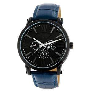 Blade men's Black Dial PVD Black Plate Stainless Steel Case Blue Genuine Leather Strap Multi Function Rise Noir 1