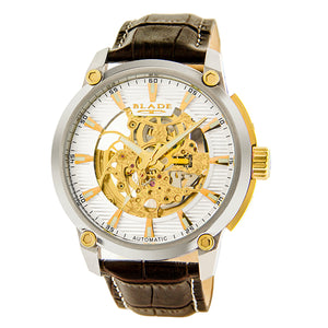 Blade men's white dial Two Tone PVD Gold Plated Stainless Steel Case Brown Genuine Leather Band Skeleton Automatic Mechanical guardian ivory 1
