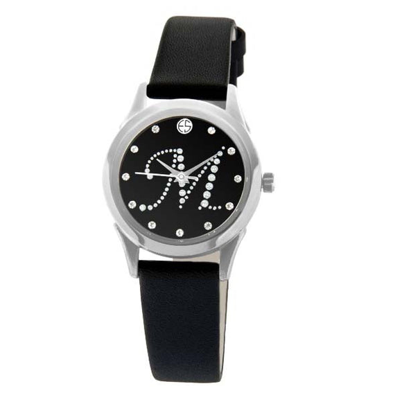 Eliz women's Black dial Black genuine leather strap stainless steel case Analog Watch ES15-7990L SNN