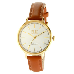 Eliz Women's White Dial Gold plated stainless steel case Brown Genuine leather strap Analog Watch ES8606L1GWO