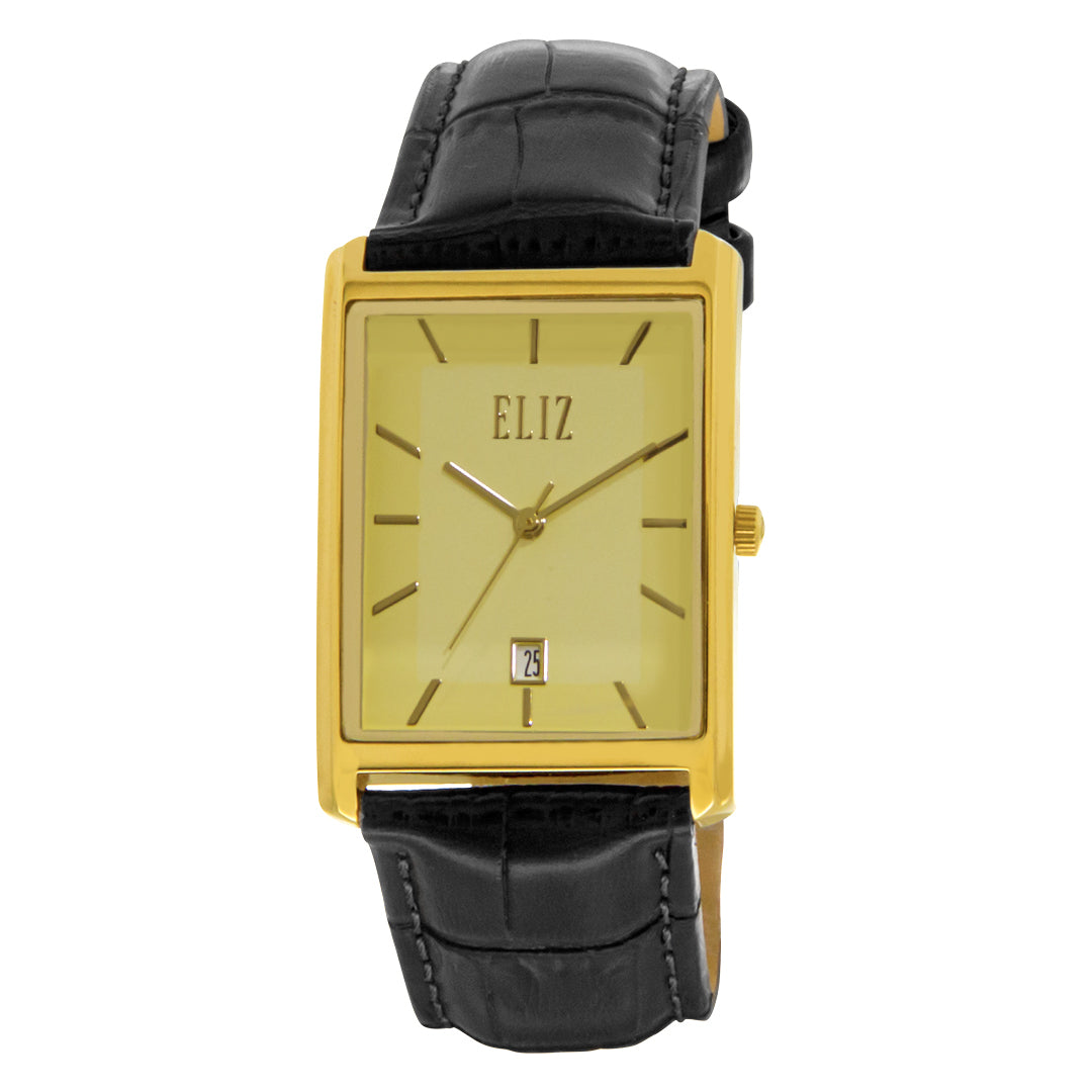 ELIZ ES8647G1GCN Gold SS Case Black Leather Strap Men's Watch
