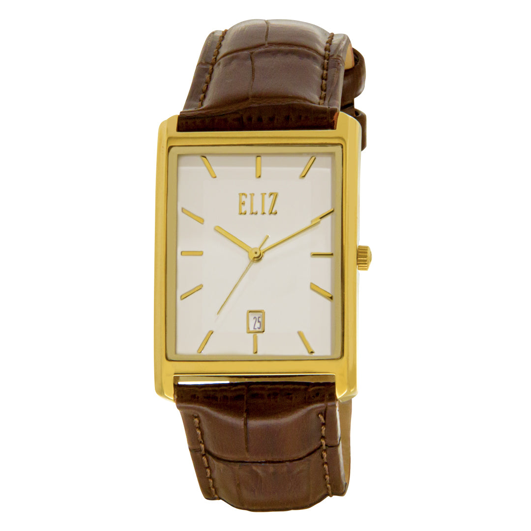 ELIZ ES8647G1GWO Gold SS Case Brown Leather Strap Men's Watch