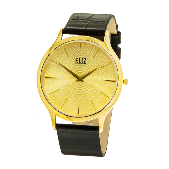 ELIZ Classique ES8728G1GCN Gold Case Black Leather Strap Men's Watch