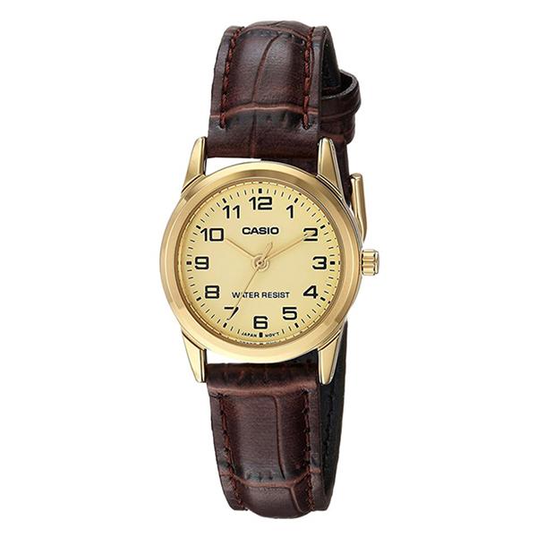 CASIO Womens Champagne Dial Leather Strap Analog Watch LTP-V001GL-9B 