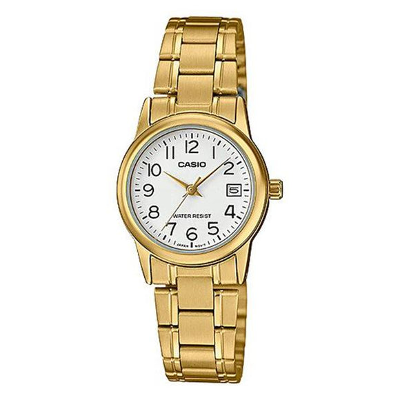 CASIO Women's White Dial Gold Plated Analog Watch - LTP-V002G-7B2