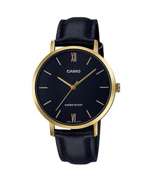 Casio LTP-VT01GL-1BUDF Gold Ion Case Black Leather Band Women's Watch