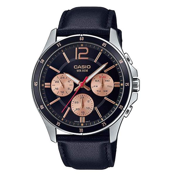 CASIO Black Dial Leather Strap Analog Watch - MTP-1374L-1A2VDF