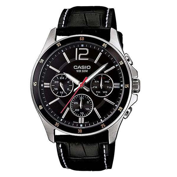 CASIO Black Dial Leather Strap Analog Watch - MTP-1374L-1A