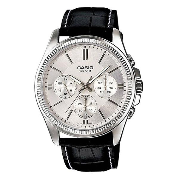 CASIO Silver Dial Leather Strap Multifunction Watch - MTP-1375L-7A