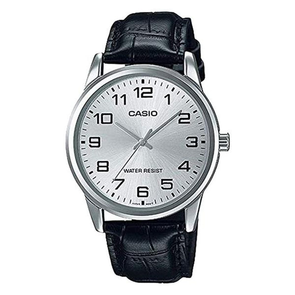 CASIO Men's Silver Dial Leather Strap Analog Watch - MTP-V001L-7B