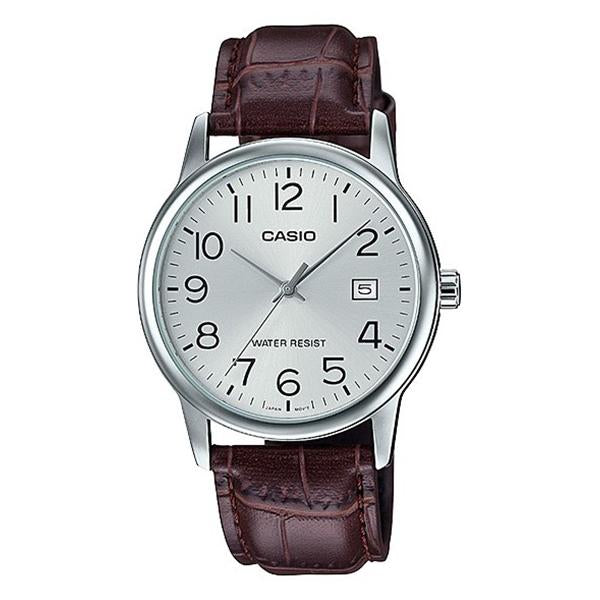 Casio Men's Silver Dial Leather Strap Analog Watch - MTP-V002L-7B2