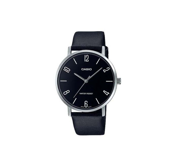 Casio MTP-VT01L-1B2UDF Silver Plated Case Black Leather Men's Watch