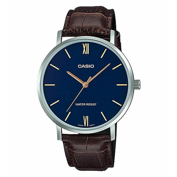 Casio Men's Blue Dial Leather Strap Analog Watch - MTP-VT01L-2B