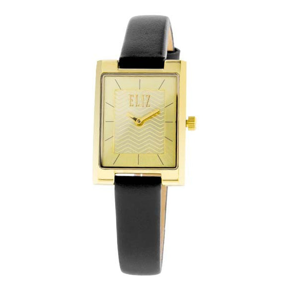 Eliz women's Champagne dial Gold plated stainless steel case Black genuine leather Analog Watch ES8510L2GCN