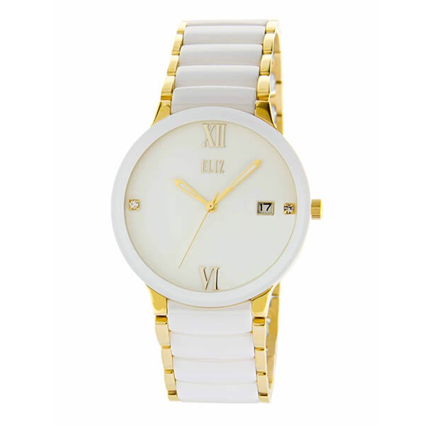 Eliz Men's White Dial White ceramic Band Gold plated stainless steel case Analog Watch ES8540G4GWW 1