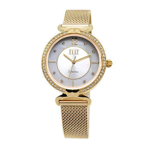 Eliz women's White Mother of pearl Dial Gold plated case and mesh band analog watch ES8562L2GWG 1