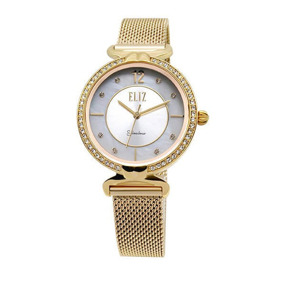 Eliz women's White Mother of pearl Dial Gold plated case and mesh band analog watch ES8562L2GWG 1