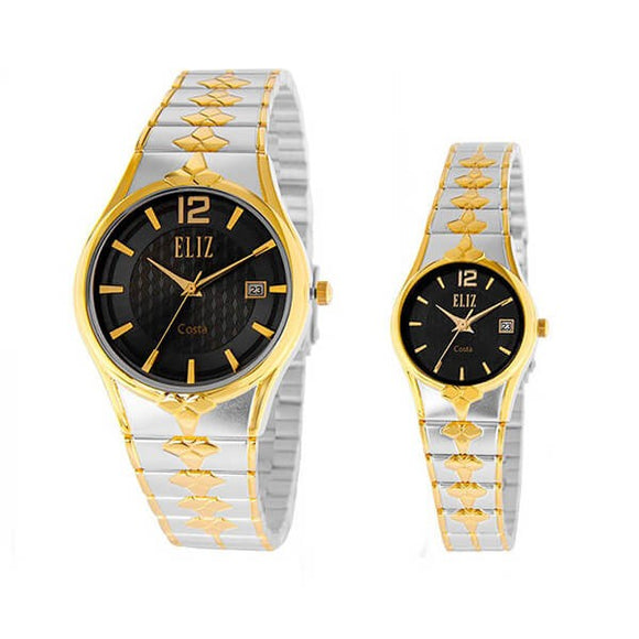Eliz men's and women's Black dial Gold and Silver plated case and band Analog ES8568 TNT Pair Watches
