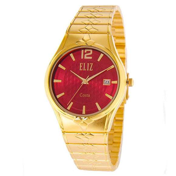 Eliz men's Red dial Gold plated case and band Analog ES8568G2GRG Watch