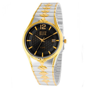 Eliz men's Black dial Gold and Silver plated case and band Analog ES8568G2TNT Watch