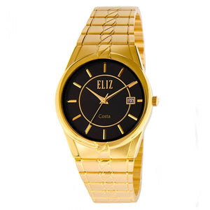 Eliz Men's Black dial Gold plated case and band Analog ES8569 GNG Watch