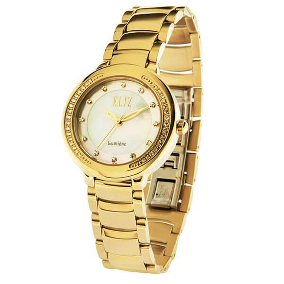 Eliz Women's White mother of pearl Dial Austrian crystal Gold plated stainless steel case and Band Analog Watch ES8625L1GHG