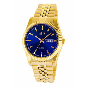 Eliz Men's Blue Dial Gold plated case and Band Analog Watch ES8630G2GBG