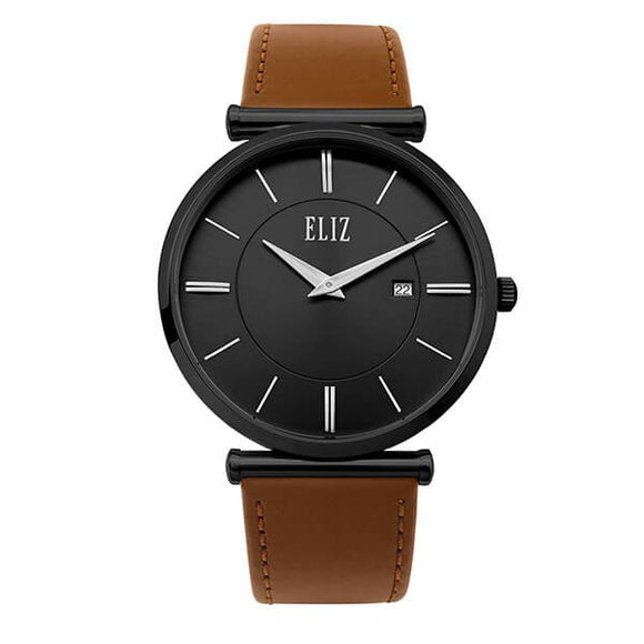 Eliz Men's Black Dial Tan Genuine Leather strap Black plated Steel case Watch ES8634G1NND 1