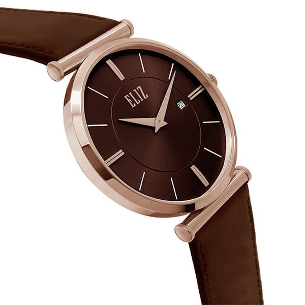 Eliz Men's Brown Dial Brown Genuine Leather strap Rose Gold plated Steel case Watch ES8634G1ROO 3