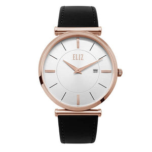 Eliz Men's White Dial Black Genuine Leather strap Rose Gold plated Steel case Watch ES8634G1RWN 1
