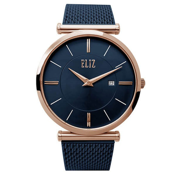 Eliz Men's Blue Dial Rose Gold plated Stainless Steel Case Blue Mesh Band Watch ES8635G1RBB 1