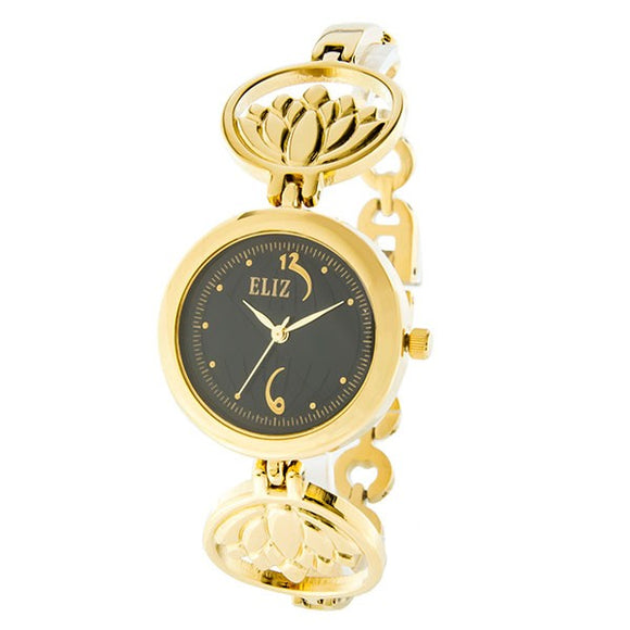 Eliz Women's Black Dial Gold plated case and bracelet Band Analog Watch ES8653L2GNG 1