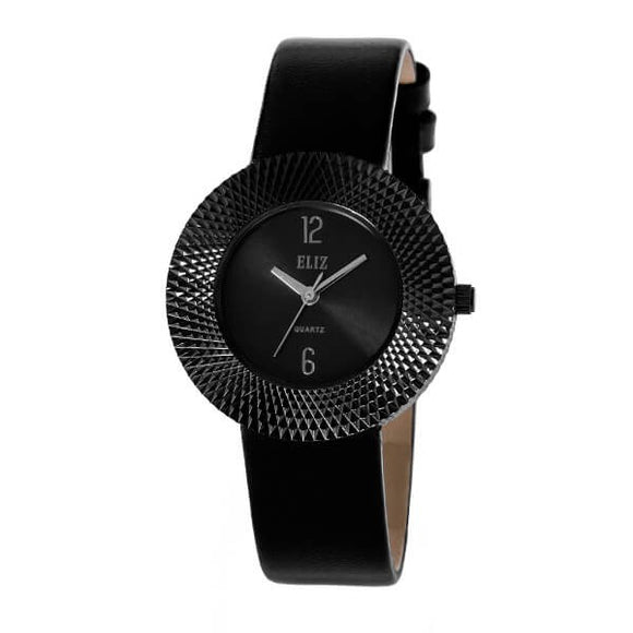  Eliz Women's Black Dial Black Genuine Leather strap Black plated Case analog Watch ES8661L1NNN 1