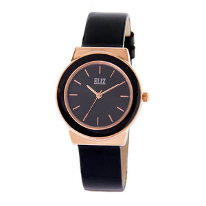  Eliz Women's Black Dial Black Genuine Leather strap Rose Gold plated Case analog Watch ES8662L1RNN 1