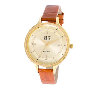  Eliz Women's Champagne Dial Tan Genuine Leather strap Gold plated Case analog Watch ES8663L1GCD 1