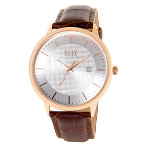 Eliz Men's Silver Dial Rose Gold plated Stainless steel case Brown genuine leather Analog Watch  ES8700G1RSO 1