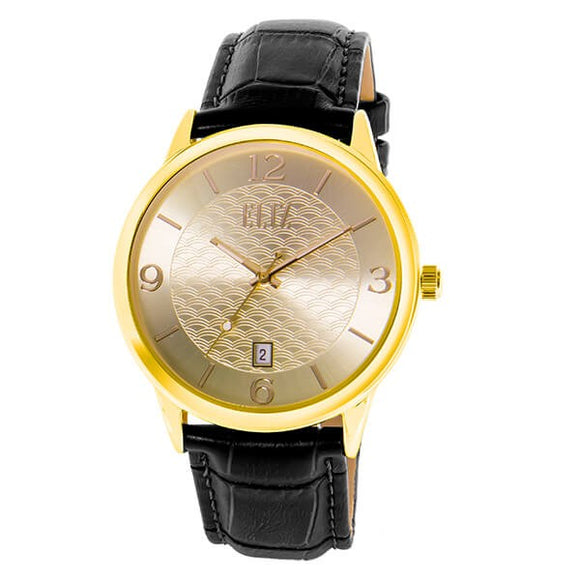 Eliz Men's Champagne Dial Gold plated Stainless steel case Black genuine leather Analog Watch  ES8701G1GCN 1