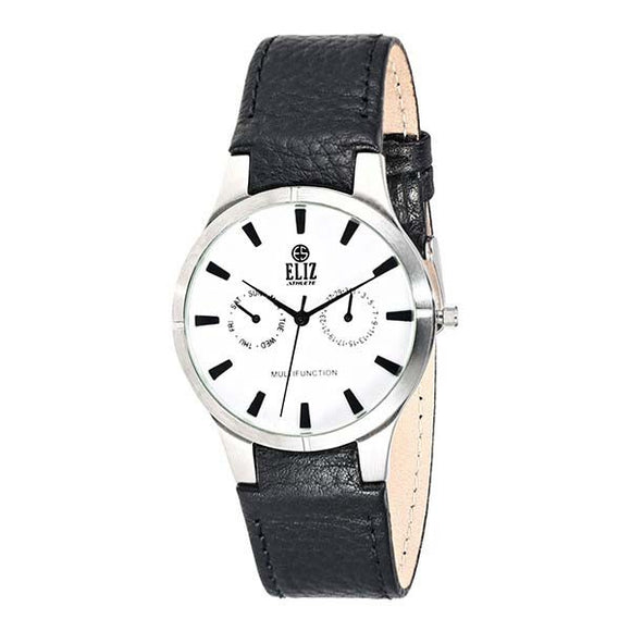 Eliz White Dial Black genuine leather Multi function watch ES7689G1SWN 1