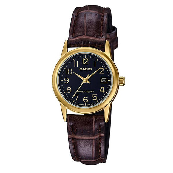 Casio Women's Black Dial Gold plated Case Brown Genuine Leather strap Analog Watch LTP-V002GL-1B