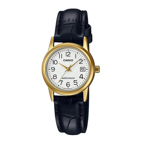 Casio Women's White Dial Gold plated Case Black Genuine Leather strap Analog Watch LTP-V002GL-7B2UDF