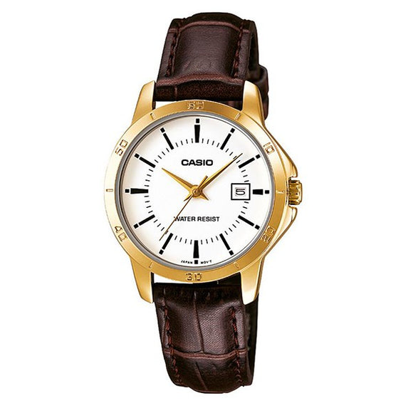 Casio Women's White Dial Gold plated Case Brown Genuine Leather Analog Watch LTP-V004GL-7A