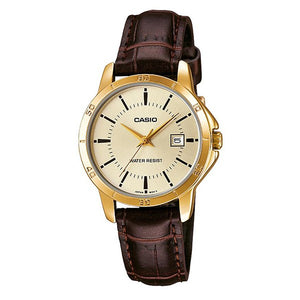 Casio Women's Gold Dial Gold plated Case Brown Genuine Leather Analog Watch LTP-V004GL-9A