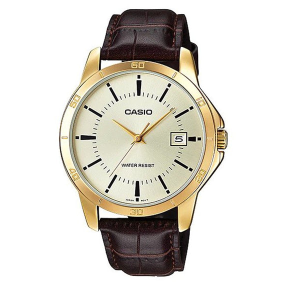 Casio Men's White Dial Gold plated Case Brown genuine leatherBand Analog Watch MTP-V004GL-9A