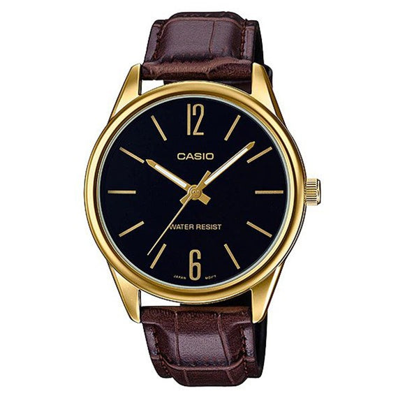 Casio Men's Black Dial Gold plated Case Brown Genuine Leather Band Analog Watch MTP-V005GL-1B